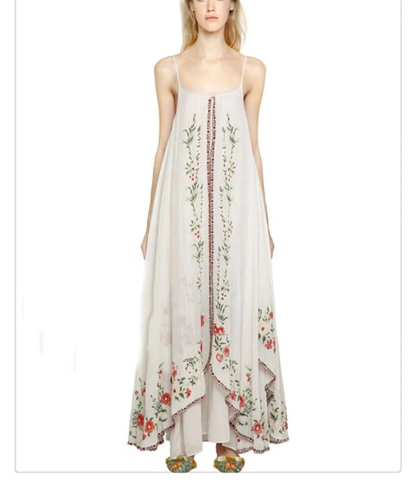Women Maxi White Boho Vintage Floral Embroidered Sleeveless Strap Beach Long Dresses