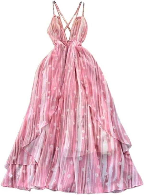 Printed Backless Dress Women Summer Criss Cross Flared Midi Beach Skirt Holiday Pleated Party Outfit