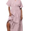 Womens Summer Short Sleeve Maxi Dresses Casual V Neck Smocked Loose Tiered Flowy Shirt Dress with Pockets