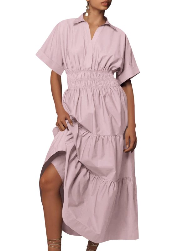 Womens Summer Short Sleeve Maxi Dresses Casual V Neck Smocked Loose Tiered Flowy Shirt Dress with Pockets