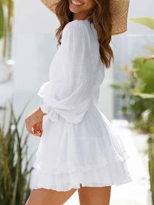 Womens Casual Spring Summer 2025 Deep V Neck Knotted Tiered Chiffon Elegant Mini Short Swing Skater Dresses