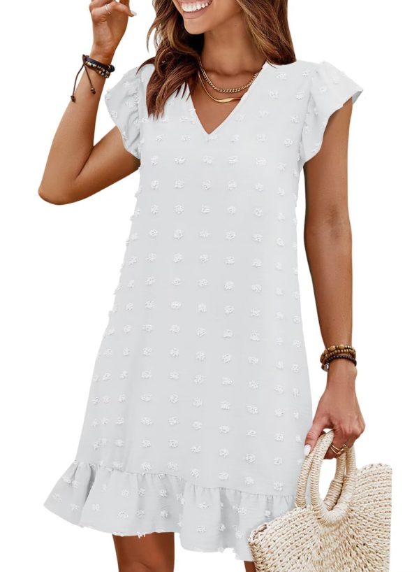 Spring Summer Dresses for Women 2025 V Neck Cap Sleeve Ruffle Hem Smock Short Casual Outings Beach Dress