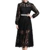 Womens Water-Soluble Lace Embroidery Hollow Flower Dress Full Sleeve Vacation Long Dress