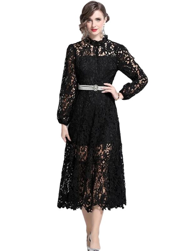 Womens Water-Soluble Lace Embroidery Hollow Flower Dress Full Sleeve Vacation Long Dress