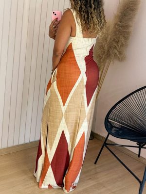 CHICME Women's Summer Maxi Dress Casual Thick Strap Square Neck Boho Sundress Split Travel Vacation Dresses with Pockets