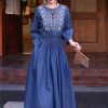 Women Vintage Denim Dress Embroidery A-Line Jeans Dress Round Neck High Waisted Pleated Midi Dress