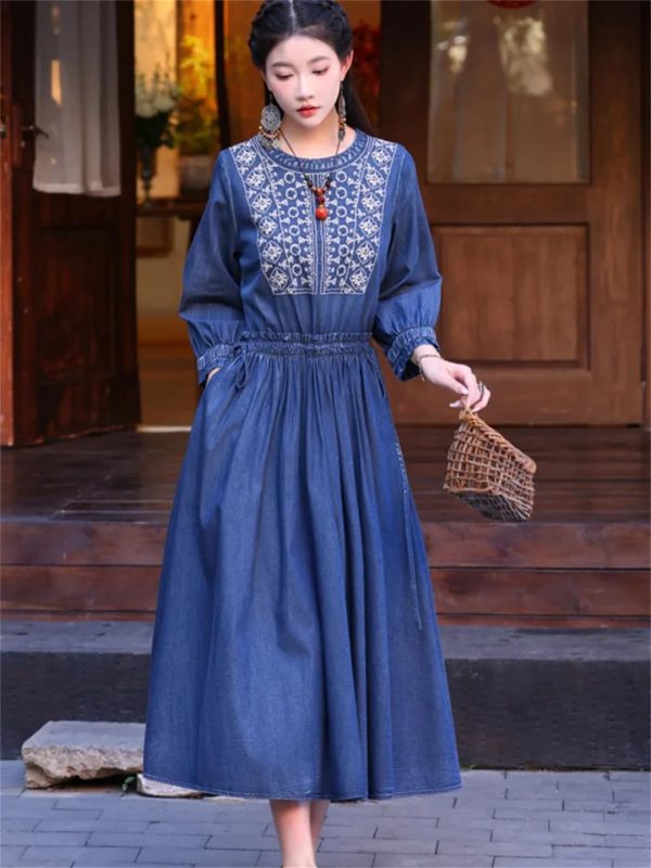 Women Vintage Denim Dress Embroidery A-Line Jeans Dress Round Neck High Waisted Pleated Midi Dress