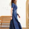Women Summer Vintage Single Breasted A-Line Denim Dress V-Neck Embroidery Split Joint Dresses