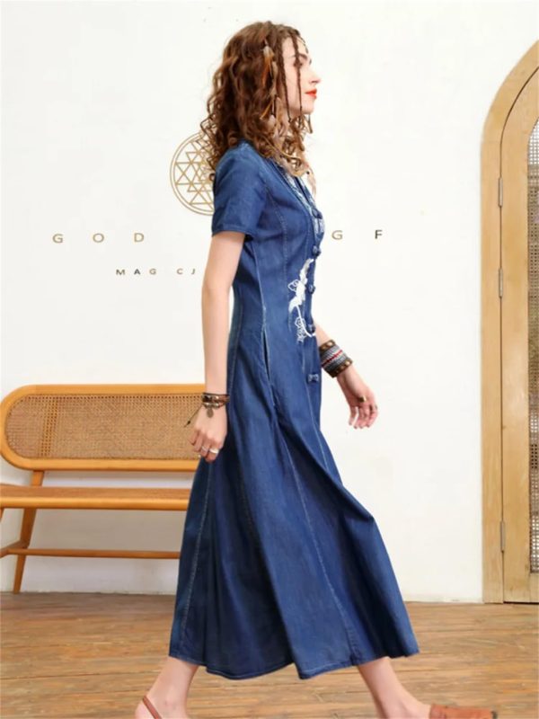 Women Summer Vintage Single Breasted A-Line Denim Dress V-Neck Embroidery Split Joint Dresses
