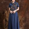 Women Chinese Vintage A-Line Dress Split Joint Midi Denim Dress Embroidery Floral Long Shirt Dress