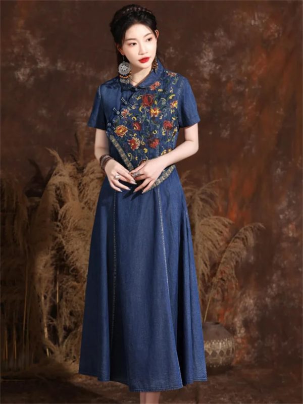 Women Chinese Vintage A-Line Dress Split Joint Midi Denim Dress Embroidery Floral Long Shirt Dress