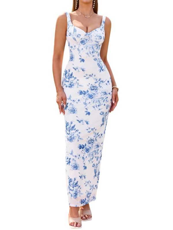 Women Summer Floral Bodycon Maxi Dress V Neck Halter Sleeveless Casual Wedding Guest Party Elegant Long Dresses