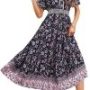 Boho Floral Maxi Women Summer Short Sleeve High Waist A Line Long Beach Dress Lightweight Casual Vacation Skirt