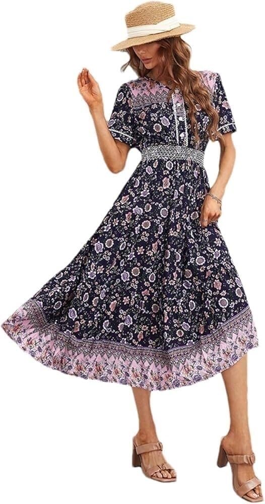 Boho Floral Maxi Women Summer Short Sleeve High Waist A Line Long Beach Dress Lightweight Casual Vacation Skirt