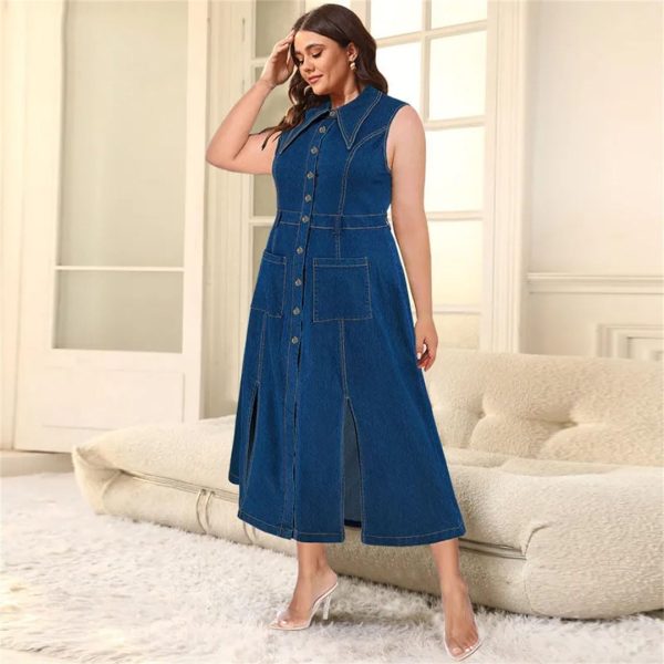 Women Sleeveless Large Jean Dresses Ladies Big Turn-Down Collar Split Long Denim Dress