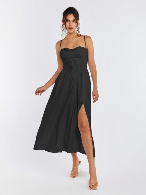 Summer Lace Midi Dress Spaghetti Strap Flowy A Line Slit Swing Dresses Sundresses for Women 2024 Casual Beach Vacation