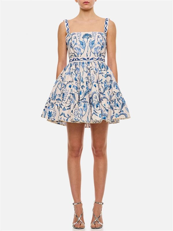 Women Colorblock Slimming Spliced Printing Square Neck Sleeveless Patchwork Folds Mini Dress