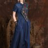 Women Chinese Vintage A-Line Dress Split Joint Midi Denim Dress Embroidery Floral Long Shirt Dress