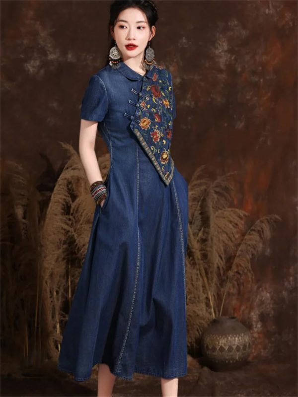 Women Chinese Vintage A-Line Dress Split Joint Midi Denim Dress Embroidery Floral Long Shirt Dress