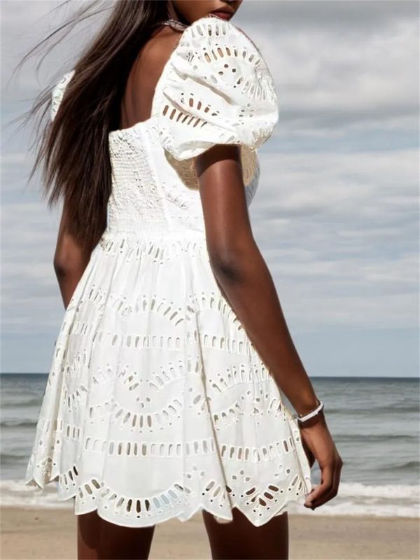 Women Hollow Out Mini Square Collar Puff Sleeve High Waist Slimming Hit Color Print Short Dress