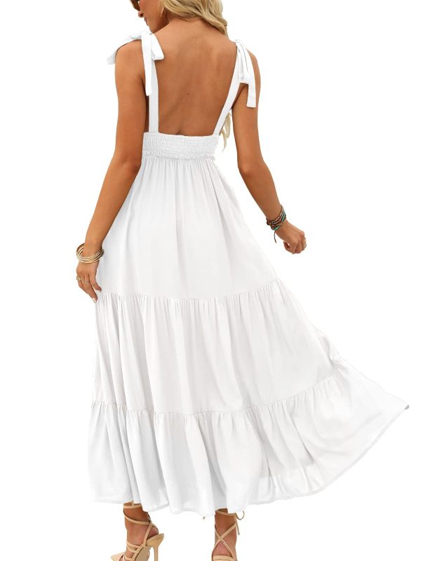 Women's Summer V Neck Tie Strap Maxi Dress Halter Ruffle Hem Long Dresses Spaghetti Strap Long Flowy Dresses