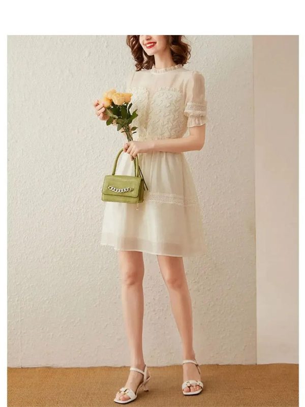 Women Dress Stringy Selvedge Round Neck Short Sleeve Lace Hollow Out Sweat Elegant Short Dress