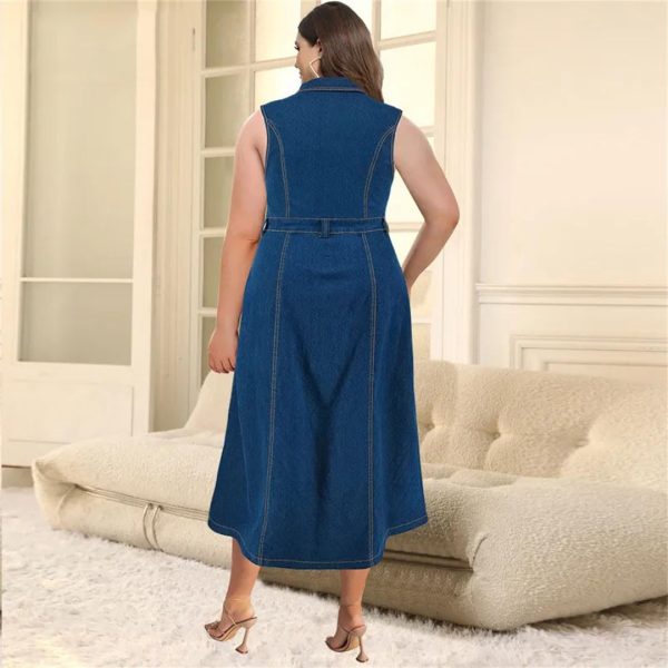Women Sleeveless Large Jean Dresses Ladies Big Turn-Down Collar Split Long Denim Dress