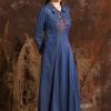 Women Turn-Down Collar Embroidery Split Joint A-Line Jeans Dress Chinese Long Denim Dress