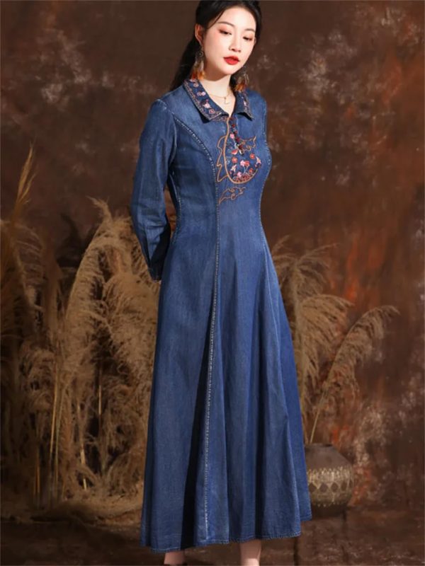 Women Turn-Down Collar Embroidery Split Joint A-Line Jeans Dress Chinese Long Denim Dress