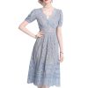 Womens Big Swing Lace Hollow Out Dress Vintage Elegant Slim High Waist Single Breasted Sexy V-Neck Dress
