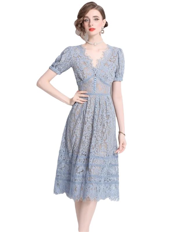Womens Big Swing Lace Hollow Out Dress Vintage Elegant Slim High Waist Single Breasted Sexy V-Neck Dress