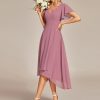 Women's V Neck Ruffle Sleeves Irregular Chiffon A-Line Midi Wedding Guest Dresses 01756