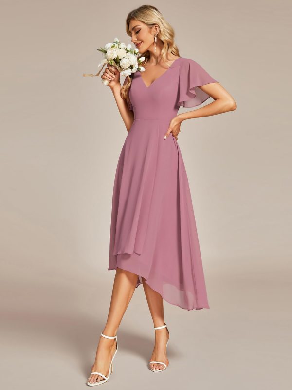 Women's V Neck Ruffle Sleeves Irregular Chiffon A-Line Midi Wedding Guest Dresses 01756