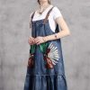 Women Vintage Asymmetrical A-Line Embroidery Sleeveless Spaghetti Straps Dress Loose Split Denim Dress
