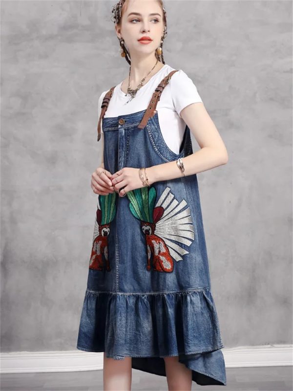 Women Vintage Asymmetrical A-Line Embroidery Sleeveless Spaghetti Straps Dress Loose Split Denim Dress