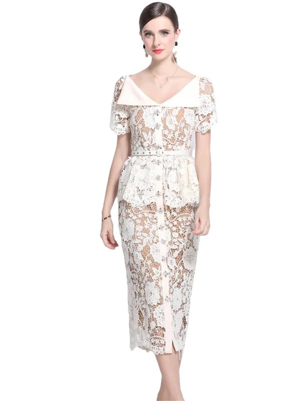Womens Elegant Temperament Lapel Short Sleeved Lace Hollow Out Dress Slim Waist Dress