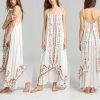 Women Maxi White Boho Vintage Floral Embroidered Sleeveless Strap Beach Long Dresses