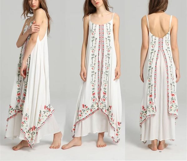 Women Maxi White Boho Vintage Floral Embroidered Sleeveless Strap Beach Long Dresses