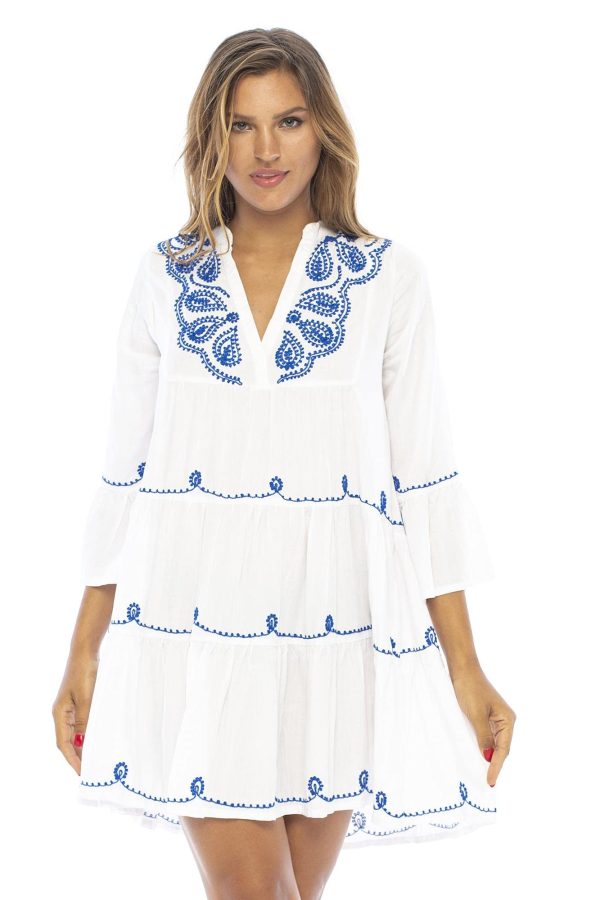 Womens Short Sundress Flowy Boho Beach Dress with Embroidered V Neck, Casual Sexy Summer Party Dress