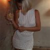 Women Sexy Backless Pearl Tassel Mini Dress Street Knitted Hollow Out Lace Up Slim Short Dresses Beach Party