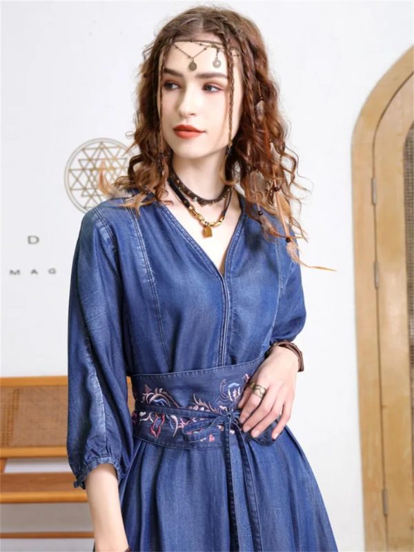 Women Vintage Blue A-Line High Waisted Retro Dresses Three Sleeve Belt Embroidery Denim Dress