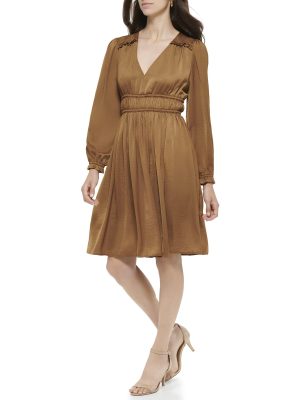 Women's Fit and Flare Woven Long Sleeve V-neck Dress