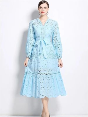 Women Solid Hollow Out Embroidery Dress V Neck Full Sleeve Spliced Lace Up Elegant Dress