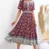 Boho Floral Maxi Women Summer Short Sleeve High Waist A Line Long Beach Dress Lightweight Casual Vacation Skirt