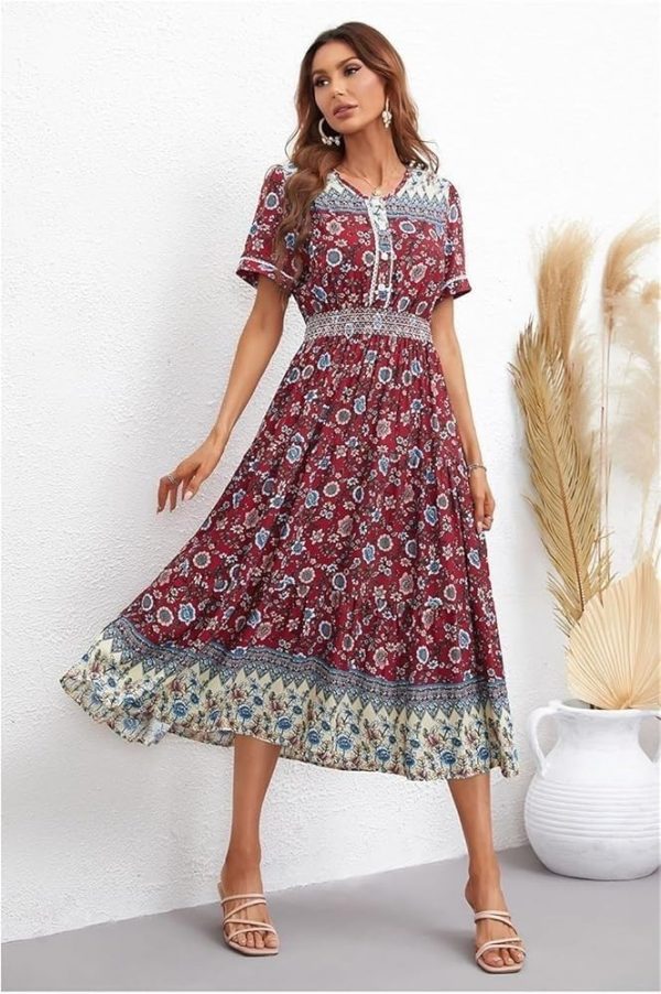 Boho Floral Maxi Women Summer Short Sleeve High Waist A Line Long Beach Dress Lightweight Casual Vacation Skirt
