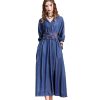 Women Vintage Blue A-Line High Waisted Retro Dresses Three Sleeve Belt Embroidery Denim Dress