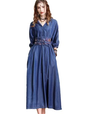 Women Vintage Blue A-Line High Waisted Retro Dresses Three Sleeve Belt Embroidery Denim Dress