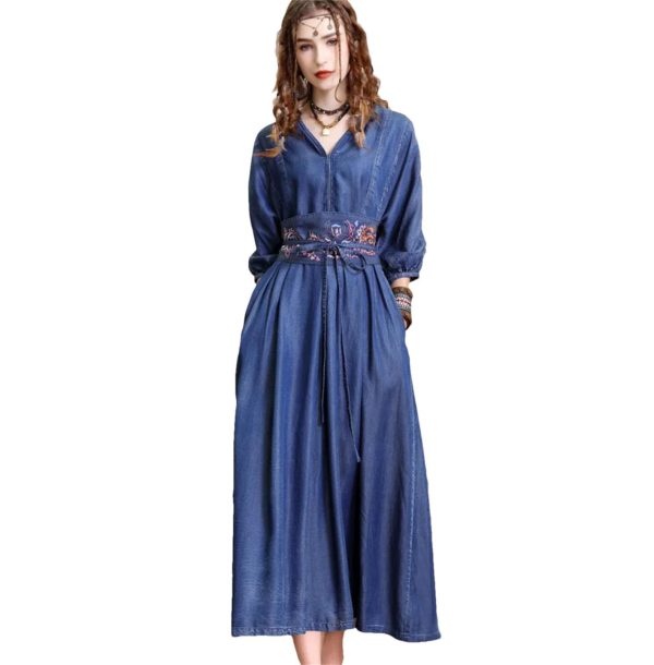 Women Vintage Blue A-Line High Waisted Retro Dresses Three Sleeve Belt Embroidery Denim Dress