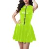 Plus Size Women Peter Pan Collar Mini Dress High Waist Pleated PVC Leather Party Dress