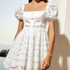 Women Hollow Out Mini Square Collar Puff Sleeve High Waist Slimming Hit Color Print Short Dress